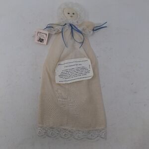 Vintage Handmade Handkerchief Church Doll Blue Ribbon Bow Lace Edge Folk Art